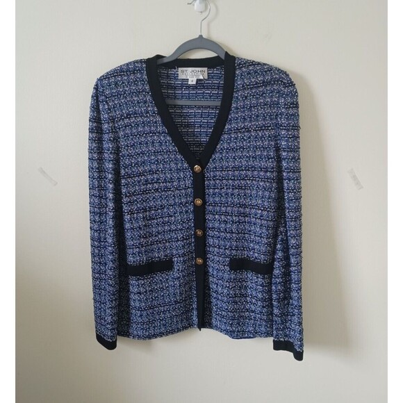 St. John Collection By Marie Gray Tweed Blazer Jacket Blue Black Button Size 6